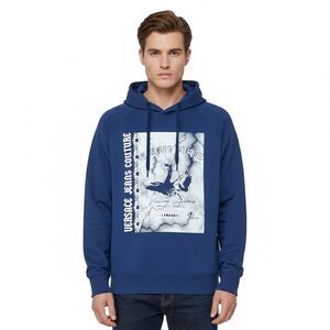 Versace Jeans Couture Steel Blue Cotton Mens Eagle Chain Print Hoodie